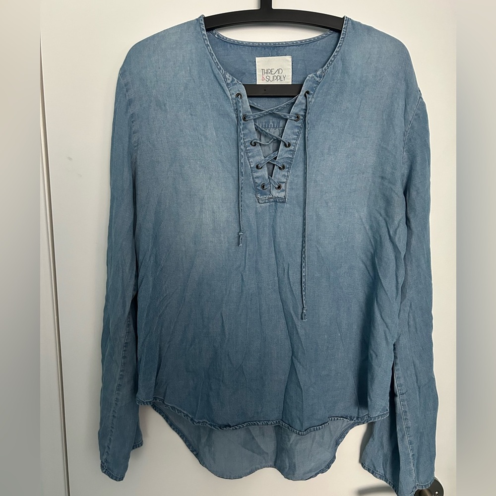 Thread & Supply Denim Blue Tie Front Blouse